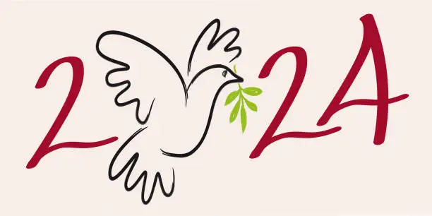 Vector illustration of Greeting card 2024 symbolizing peace, with the design of a dove carrying an olive branch