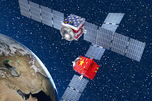 Satellites of the USA and China in the outer space with part of the Earth as background. Illustration of the concept of US-China competition in space technology

Source of Earth Map:
https://visibleearth.nasa.gov/collection/1484/blue-marble