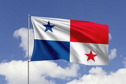 3d illustration flag of Panama. Panama flag isolated on the blue sky with clipping path.