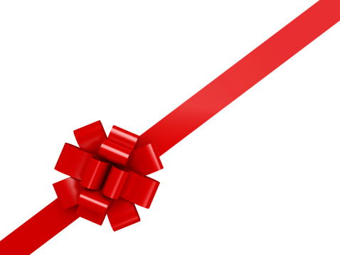 Red diagonal ribbon with a bow over a white background