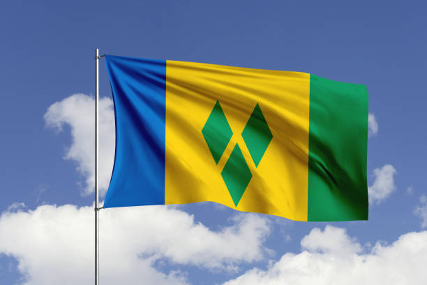 Saint Vincent and The Grenadines flag fluttering in the wind on sky. 3d illustration flag of Saint Vincent and The Grenadines. Saint Vincent and The Grenadines flag isolated on the blue sky with clipping path. flag of saint vincent and the grenadines stock pictures, royalty-free photos & images