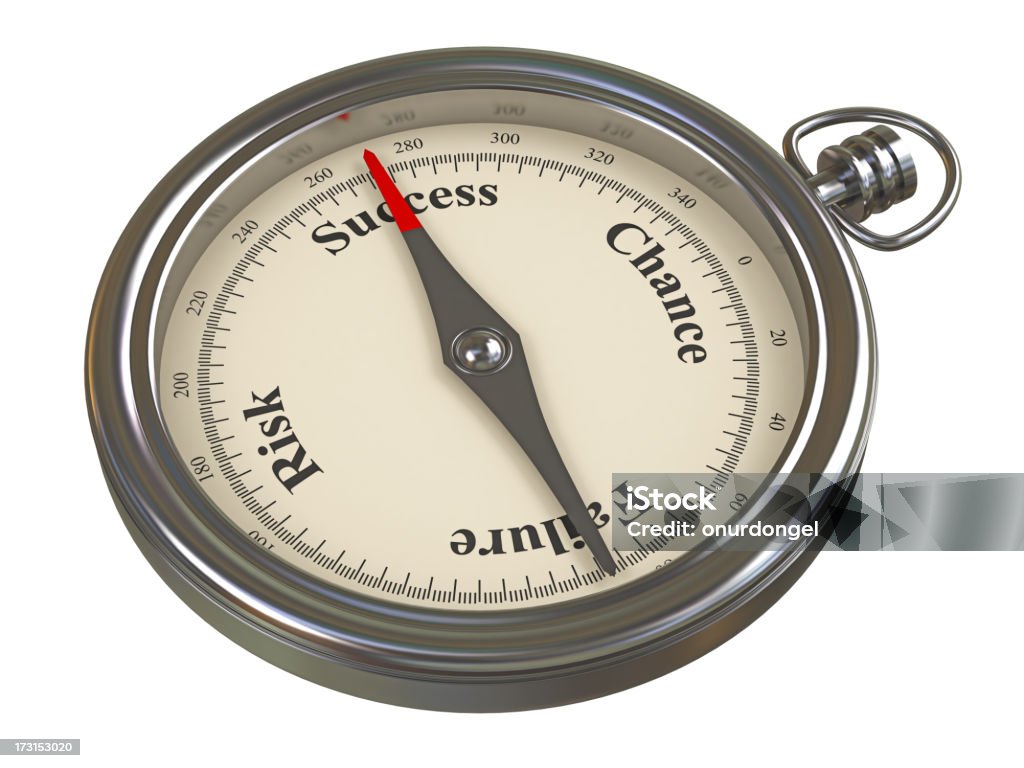 Compass pointing towards success with chance, failure, risk Success Concepts Navigational Compass Stock Photo