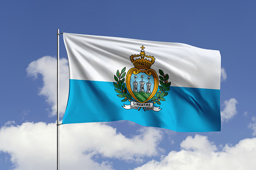 3d illustration flag of San Marino. San Marino flag isolated on the blue sky with clipping path.