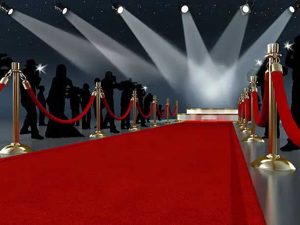Movie night concept with spotlights, red carpet, gold barriers, velvet ropes and paparazzis... High resolution 3D render.