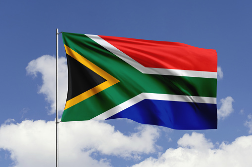 3d illustration flag of South Africa. South Africa flag isolated on the blue sky with clipping path.