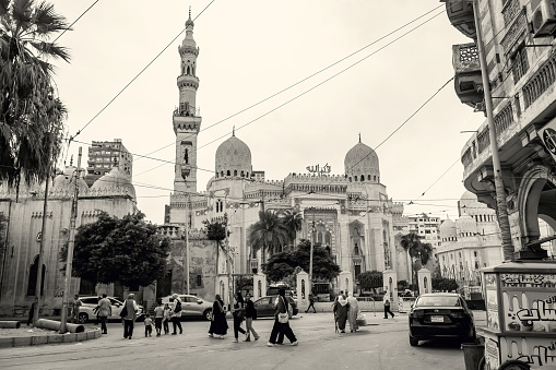 Street scene in front of Sidi Morsi Abu al-Abbas Mosque in Alexandria, Egypt