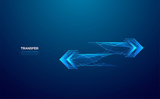 Abstract digital two left-right arrows within futuristic low poly style on a technology dark background. Data receive concept. Polygonal reverse arrows in blue hologram style. Vector illustration.