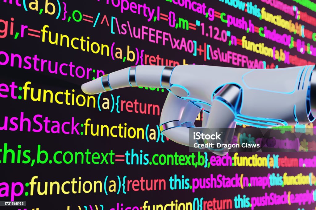 White robotic hand pointing at a computer screen of colorful programming code. Illustration of the concept of coding with the assistance of artificial intelligence A Helping Hand Stock Photo