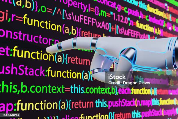 White Robotic Hand Pointing At A Computer Screen Of Colorful Programming Code Illustration Of The Concept Of Coding With The Assistance Of Artificial Intelligence Stock Photo - Download Image Now