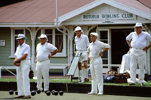 Rotorua, New Zealand, January 9, 1989 - Historic photograph from 1989, unidentified Flat Green Bowls players of the Rotorua Bowling Club.