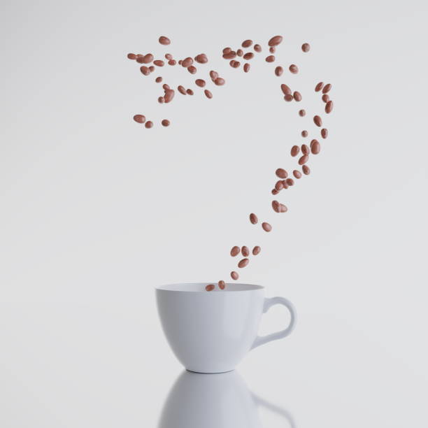 istock Coffee mug on a wet table, coffee beans falling inside the mug on a white background. Caffeine espresso drink. 3d render 1731575882