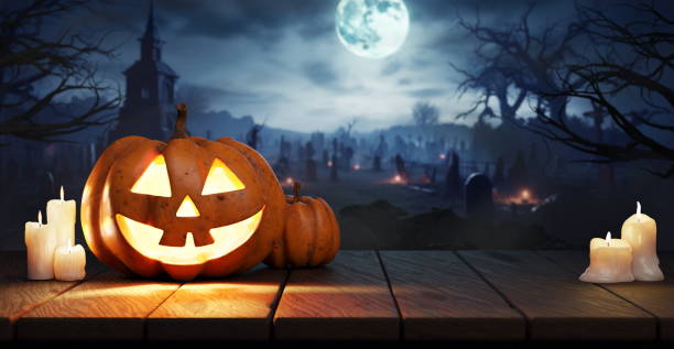 istock Halloween Pumpkin Jack O Lantern On Table In Spooky Graveyard At Night, Full Moon. Graves in the background. 3d render 1731575969