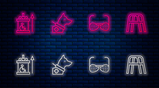 Set line Guide dog, Blind glasses, Elevator for disabled and Walker. Glowing neon icon on brick wall. Vector.