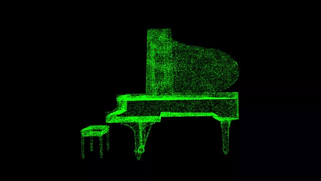 3D Grand piano rotates on black background. Classical music concept. Learning to play the piano. Business advertising backdrop. For title, text, presentation. 3d animation 60 FPS.
