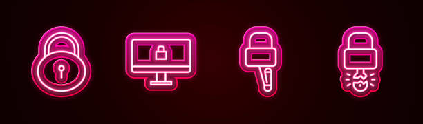 istock Set line Lock, on computer monitor, picks for lock picking and Key broke inside of padlock. Glowing neon icon. Vector 1731578741