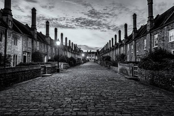 a brick road that is next to some buildings and the sky