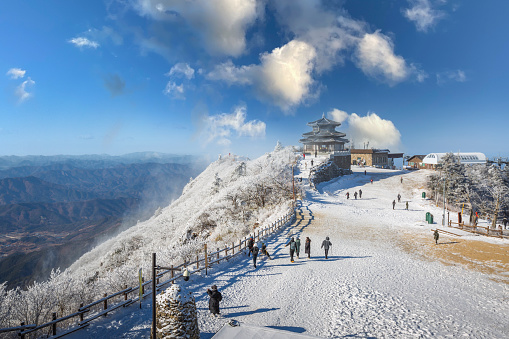Jeollabuk-do, Korea - December 14, 2020 Korea Winter and Tourists atop Deogyusan Mountain at Deogyusan National Park near Muju, South Korea.
