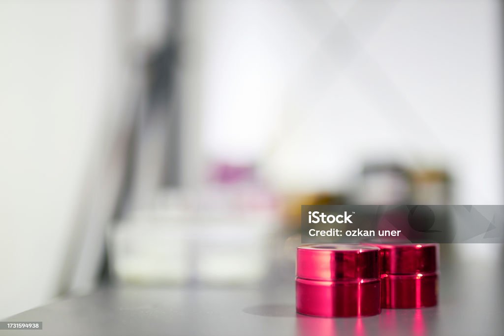 make-up equipments on white desk bunch of beauty products and equipments over the work area with soft focus Abstract Stock Photo