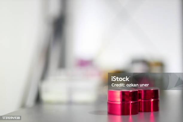 Makeup Equipments On White Desk Stock Photo - Download Image Now - Abstract, Backgrounds, Beauty