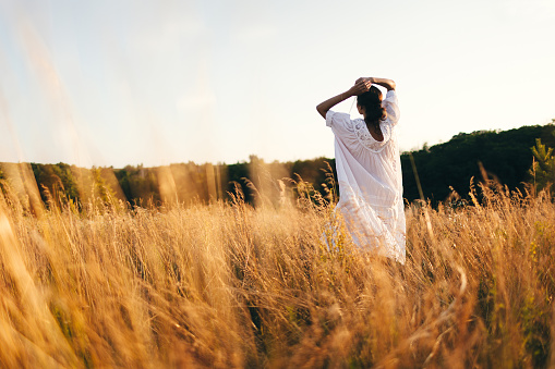 Brunette young woman in wild field. Natural beauty and romance concept. Sunset light. View from the back