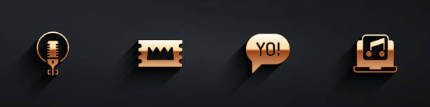 istock Set Microphone, Concert ticket, Yo slang lettering and Laptop with music icon with long shadow. Vector 1731614486