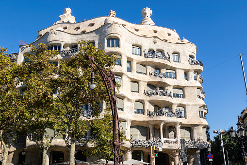 Barcelona, Spain, October 26th, 2019. Detail of Casa Mila facade and balconies at the Passeig de Gràcia.