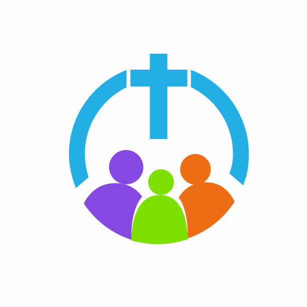 ilustraciones, imágenes clip art, dibujos animados e iconos de stock de grupo de personas cerca de la cruz cristiana. - family cross shape christianity praying