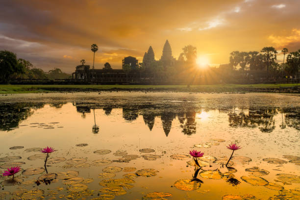 paesaggio con il tempio di angkor wat all'alba in angkor thom, siem reap, cambogia - angkor wat buddhism cambodia tourism foto e immagini stock