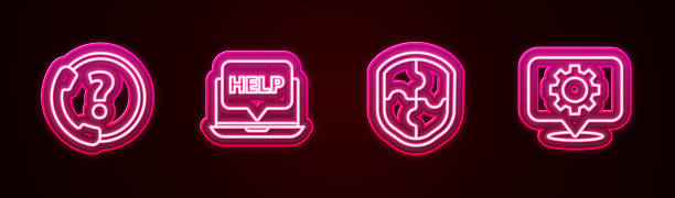 istock Set line Telephone 24 hours support, Laptop and help, Shield and Location with gear. Glowing neon icon. Vector 1731625107