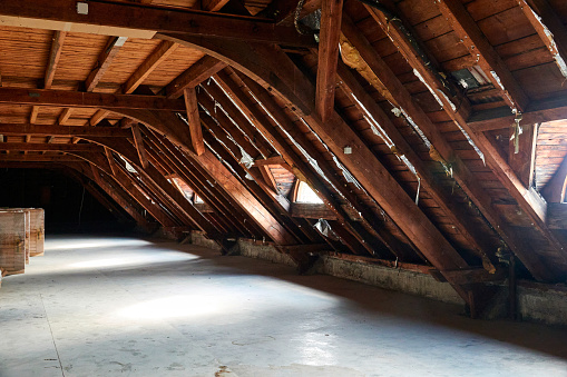 Abandoned industrial building before demolition, wooden parts