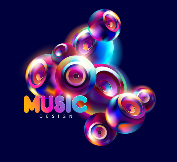 3d 다채로운 스피커가 있는 파티 포스터 디자인. - treble clef three dimensional shape black sign stock illustrations