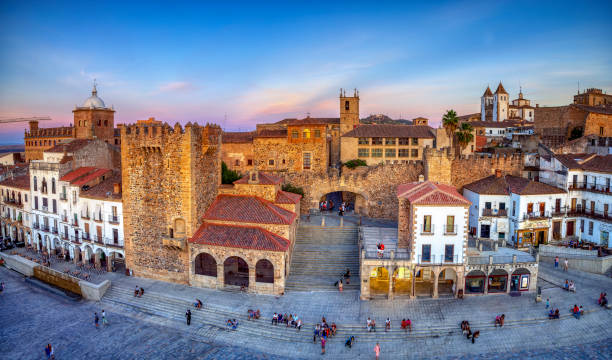 istock Plaza Mayor of Caceres at sunset, overhead view. 1731656941
