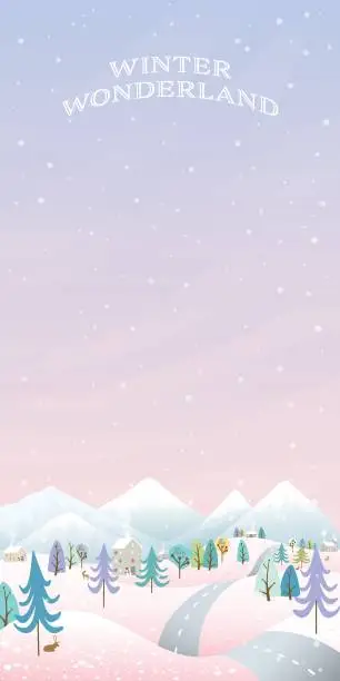 Vector illustration of Winter wonderland with vanilla sky and have snowfall vertical vector illustration. Merry Christmas and Happy New Year greeting card template have blank space.