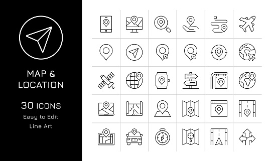 Map And Location Editable Stroke Vector Icon Set.