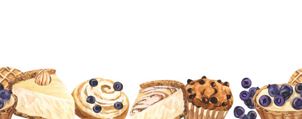 水彩シームレスフレームデザートマフィン、カップケーキ、パン、ブルーベリーとチーズケーキ。白い背景に手描きのイラスト。完璧なフードメニュー、デザインパッキング、ベーカリーシ� - muffin blueberry muffin blueberry isolated点のイラスト素材／クリップアート素材／マンガ素材／アイコン素材