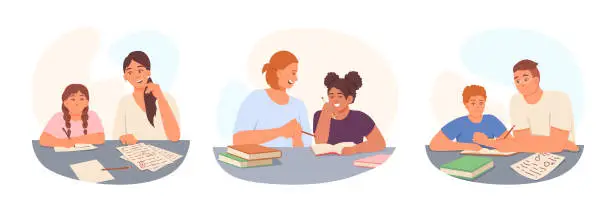 Vector illustration of Set of parents with children doing homework. Women and man care of daughters and son