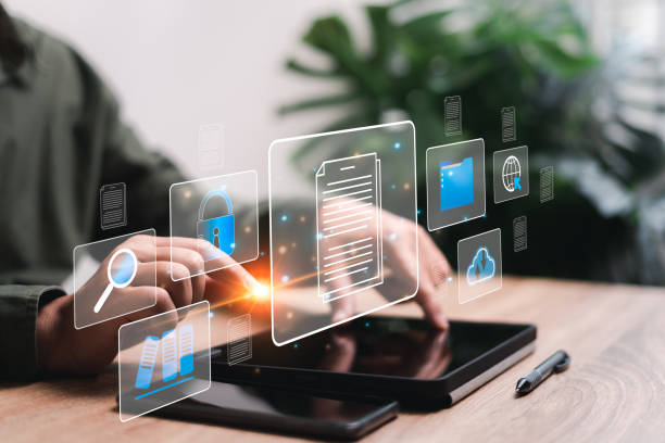istock Document online management system concept, Businessman use tablets management online documentation database and digital file storage system, Storing documents securely in the system Virtual online 1731675302