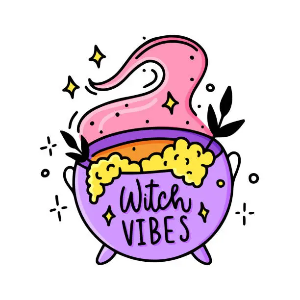 Vector illustration of A magic cauldron with a potion. A witchcraft magic symbol. A graphic element of Halloween, an inscription from the word witch vibes.