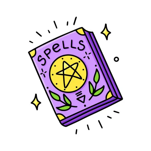 Vector illustration of A book of spells with an engraved pentagram on the cover. The witchcraft symbol of a witch, a wizard. A graphic element of Halloween.