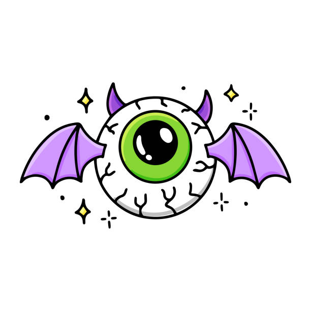 halloween-fliegendes böses fledermausmonster mit flügeln und menschlichem auge - bat halloween human eye horror stock-grafiken, -clipart, -cartoons und -symbole