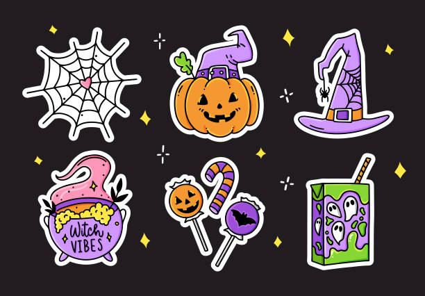 ilustrações de stock, clip art, desenhos animados e ícones de set halloween cartoon hand drawn stickers - witch voodoo smiling bizarre