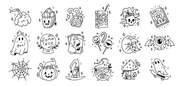 Vector illustration of Set Halloween outline stickers.