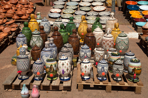 Colorful and various moroccan ceramics on street market in Morocco