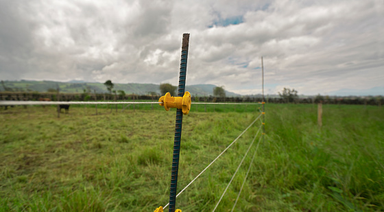 Close-up view of metal post supporting an electric fence surrounding a cattle pen with green grass on a cloudy day