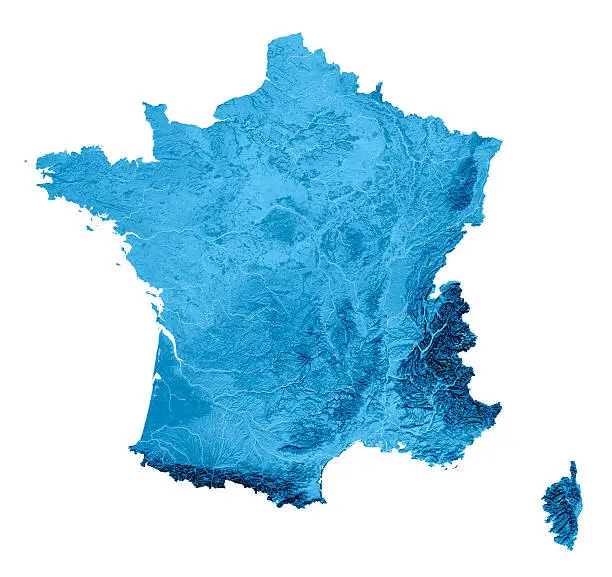 3D render and image composing: Topographic Map of France. Isolated on White. High quality relief structure!