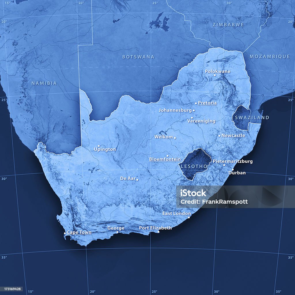 South Africa Topographic Map 3D rendering and image composing: Topographic Map of South Africa. Accurate longitude and latitude lines. High resolution available! High quality relief structure! South Africa Stock Photo