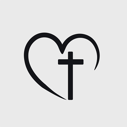 Template vector logo for churches and Christian organizations intersect on the heart. Religious calligraphy cross and heart emblem sign