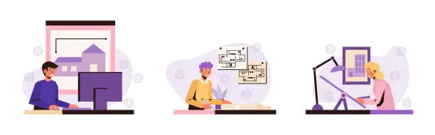 Vector illustration of Man working on computer in architect program. Male and woman working on project, draw plan on paper