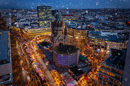 Elevated night view of the illuminated Christmas Market at the Breidscheidplatz Berlin