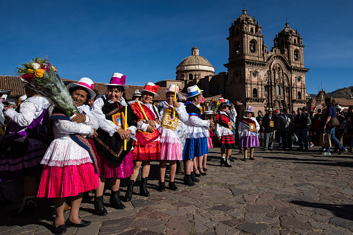 Groupf of women waiting for the Corpus Christy parade in Cusco - Peru